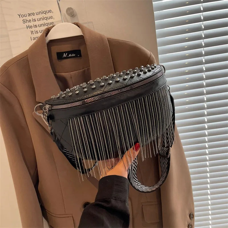 Luxury Brand Women Fanny Pack Tassel Leather Shoulder Crossbody Chest Bag Ladies Waist Bag New Fashion Rivet Desing Phone Purses