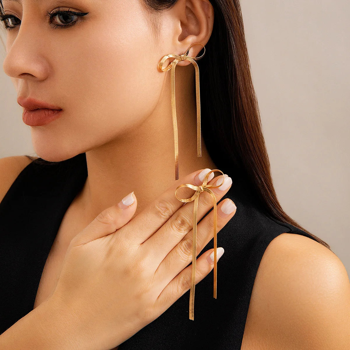 Trendy Long Bowknot Tassels Drop Earrings for Women Girls, Stainless Steel Stud Bow Textured Geometric Ear Jewelry