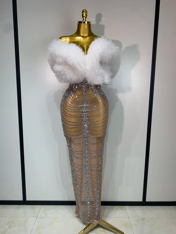 Women Sexy Strapless Rhinestone Bodycon Dress Luxury Birthday Party Costume Bar Nightclub Celebrity Stage Performance Outfit