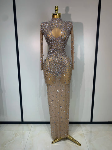 Women Sparkly Diamonds Mesh See Through Bodycon Dress Evening Birthday Party Sexy Nightclub Bar Stage Costume