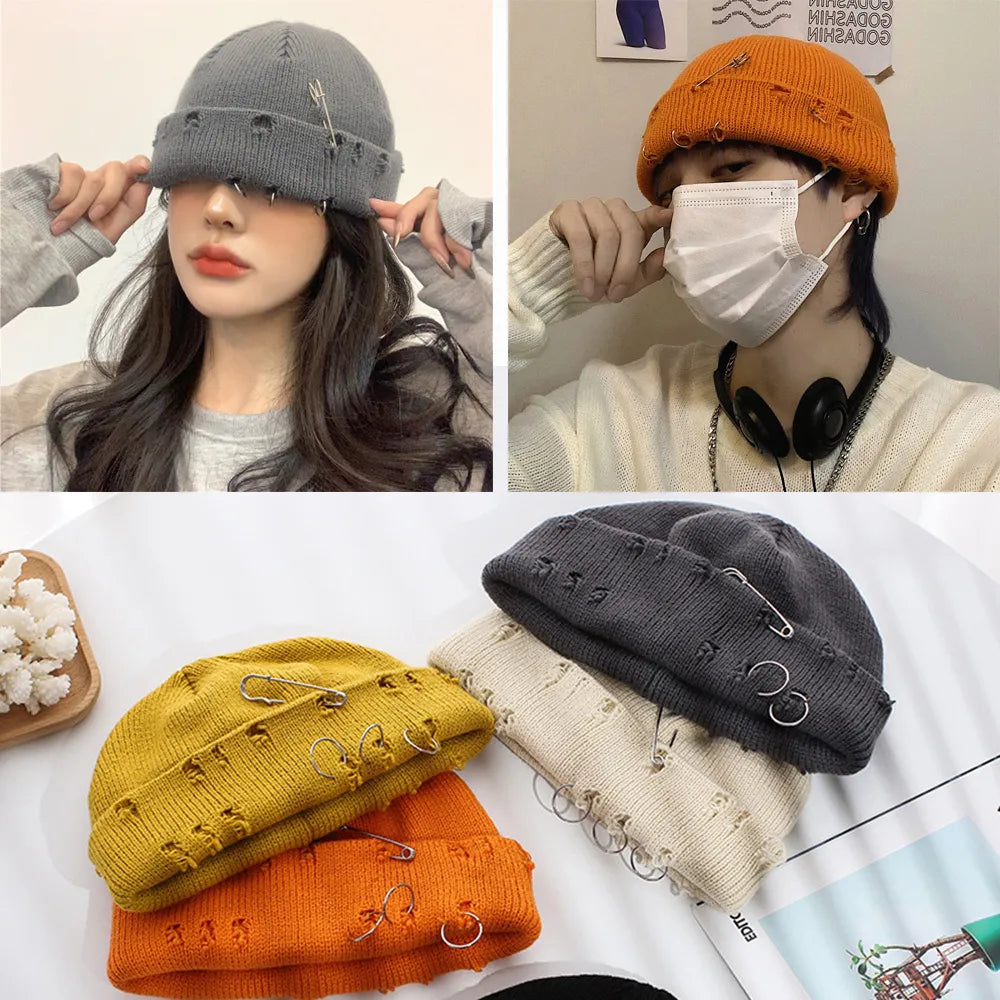 Winter New Harajuku Beanies Knitted Hat Women Fashion Warm Thick Gorras Men Hip Hop Pin Hole Skullcap Short Hat Unisex Basic Cap