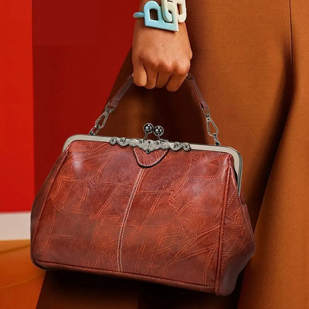 Vintage Handbags For Women Fashion Kiss Lock Slip Purse Stitching Texture Crossbody Bag