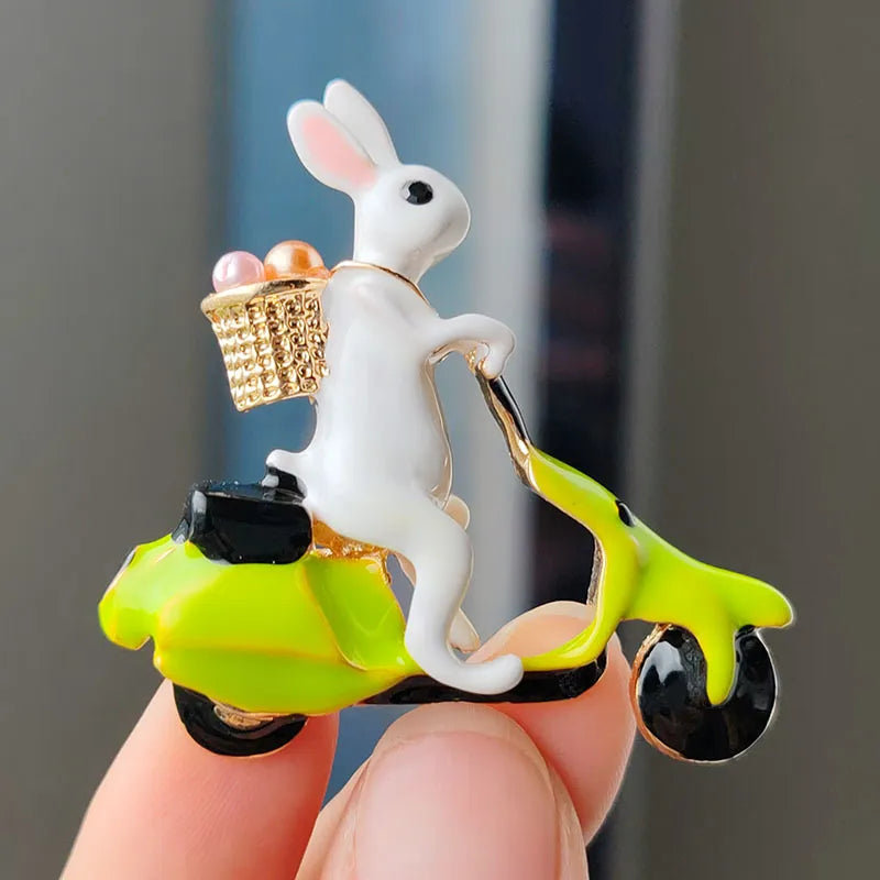 Enamel Rabbit Brooches For Women Clothes Lovely Rabbit Riding Bike Carry Pearl Basket Cute Animal Brooch Pins Party Jewelry Gift