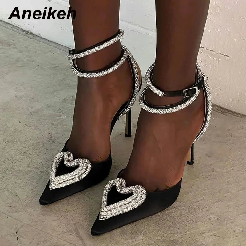 Aneikeh fashion Runway Style Glitter Rhinestones Women Pumps Crystal Heart Shape Buckle Summer Lady High Heels Party Prom Shoes