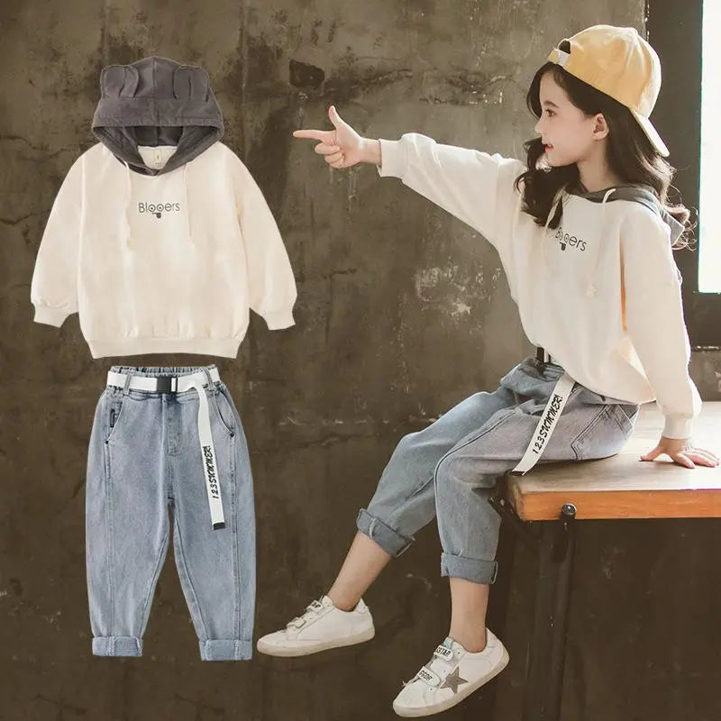 Spring and Autumn Fashion Kids Clothes Girl 2Pcs Set Clothing Letter Hoodies Sweatshirts Pants Jeans Outfits Clothing 4-14Y