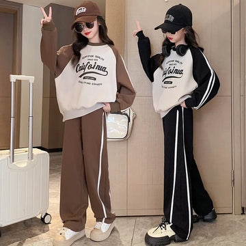 Autumn Girls Sweatshirt Set Kids Printed Letters Splicing Top Straight Pants 2 Piece Suit 3-15Y Teenagers Spring Clothes Trend