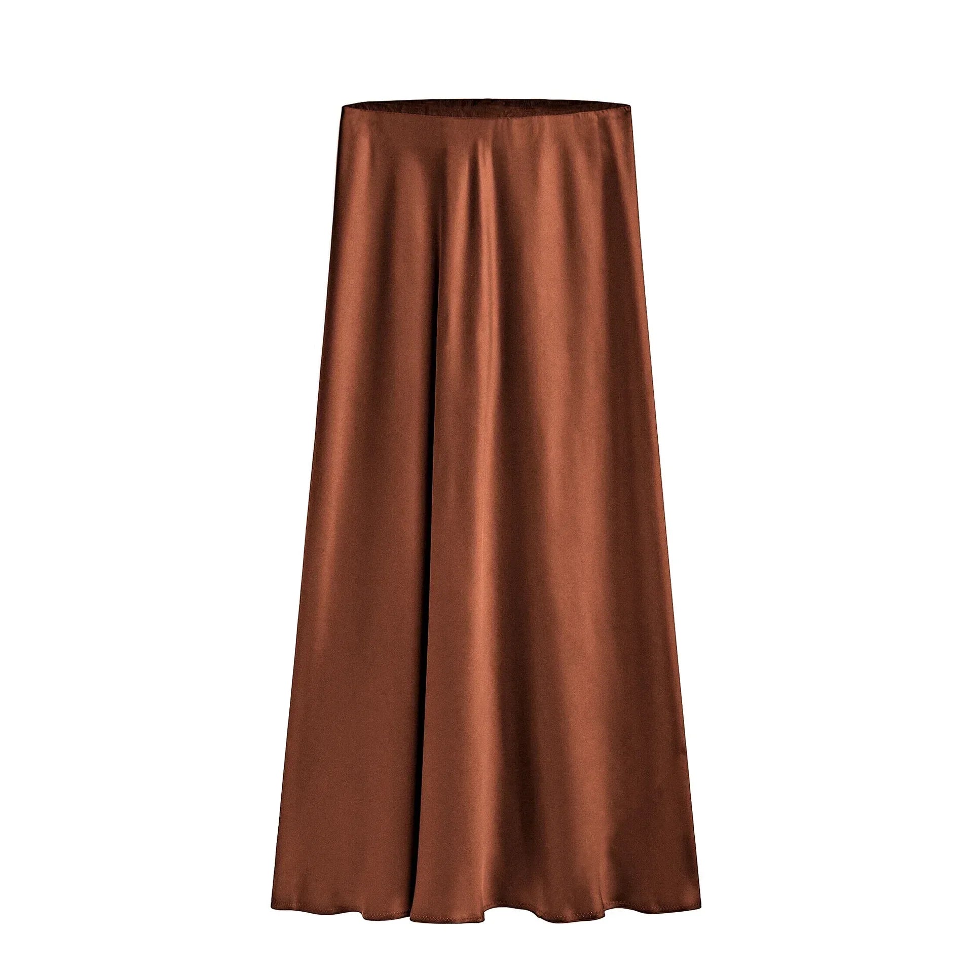 Silk Satin Skirts for Women Summer Casual Style A-line Solid Color Elastic High Waist Side Slit Champagne Skirt Brown