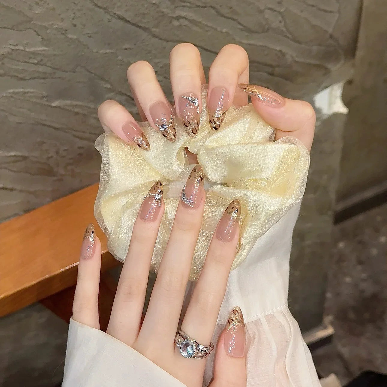 10Pcs Ballerina French Handmade Press on Nails Simple Cat Eye Gel Nail with Glue Oval Full Cover False Acrylic Nail Manicure Tip