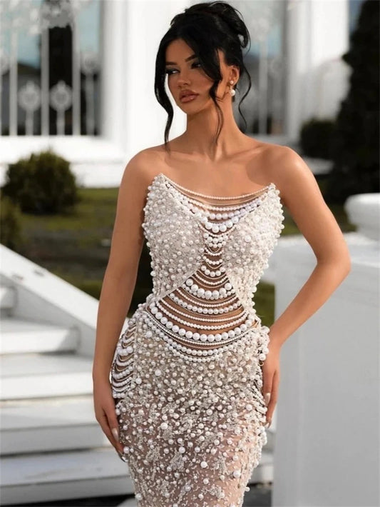 Luxury Pearl String Sexy See Through White Sequins Long Dress Elegant Woman Wedding Party Dress Red Carpet Goddess Vestido