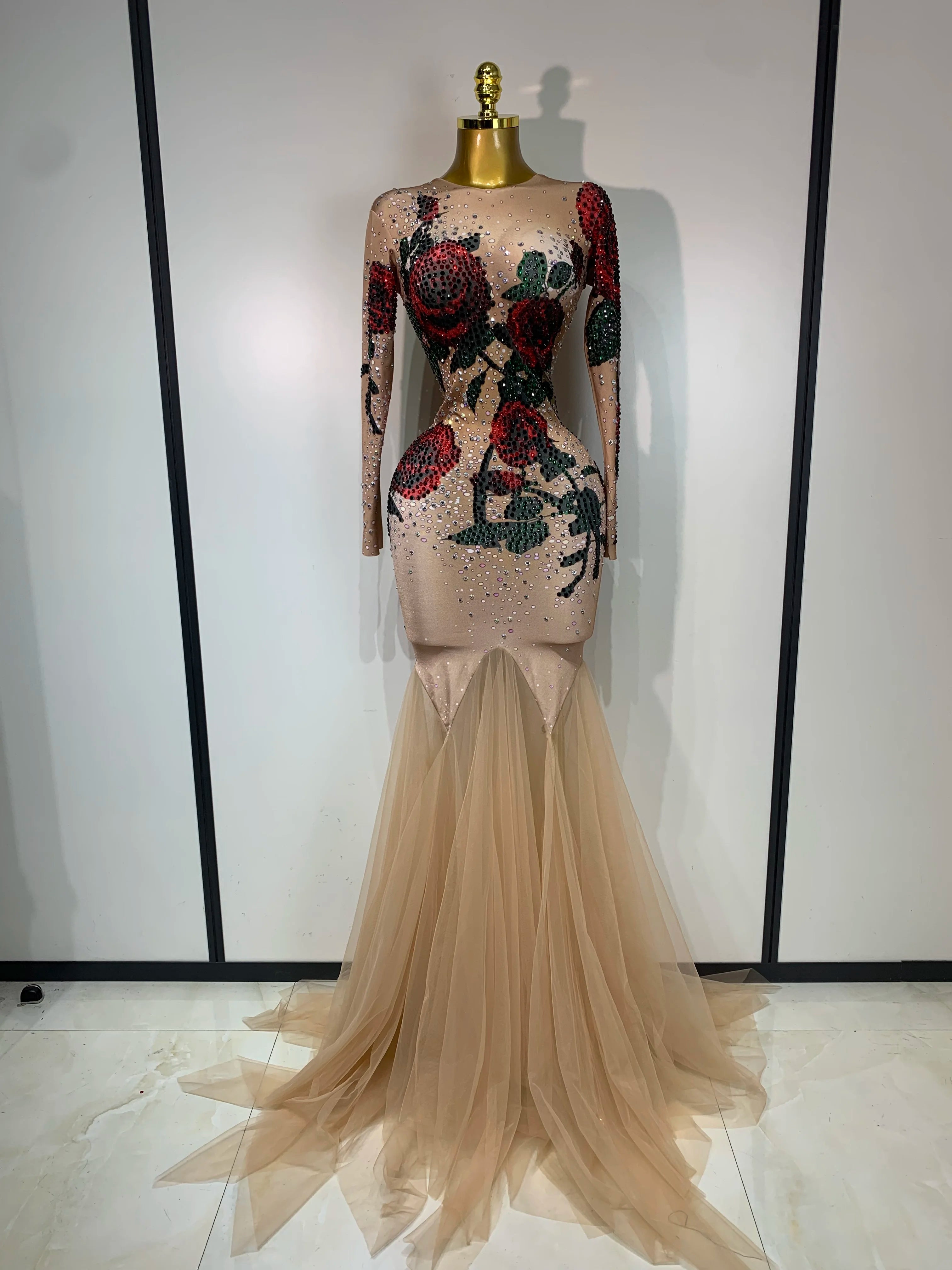 Sexy Shiny Rhinestone Rose Floral Maxi Long Dress Women Eveing Celebrate Birthday Party Nightclub Stage Performance Costume