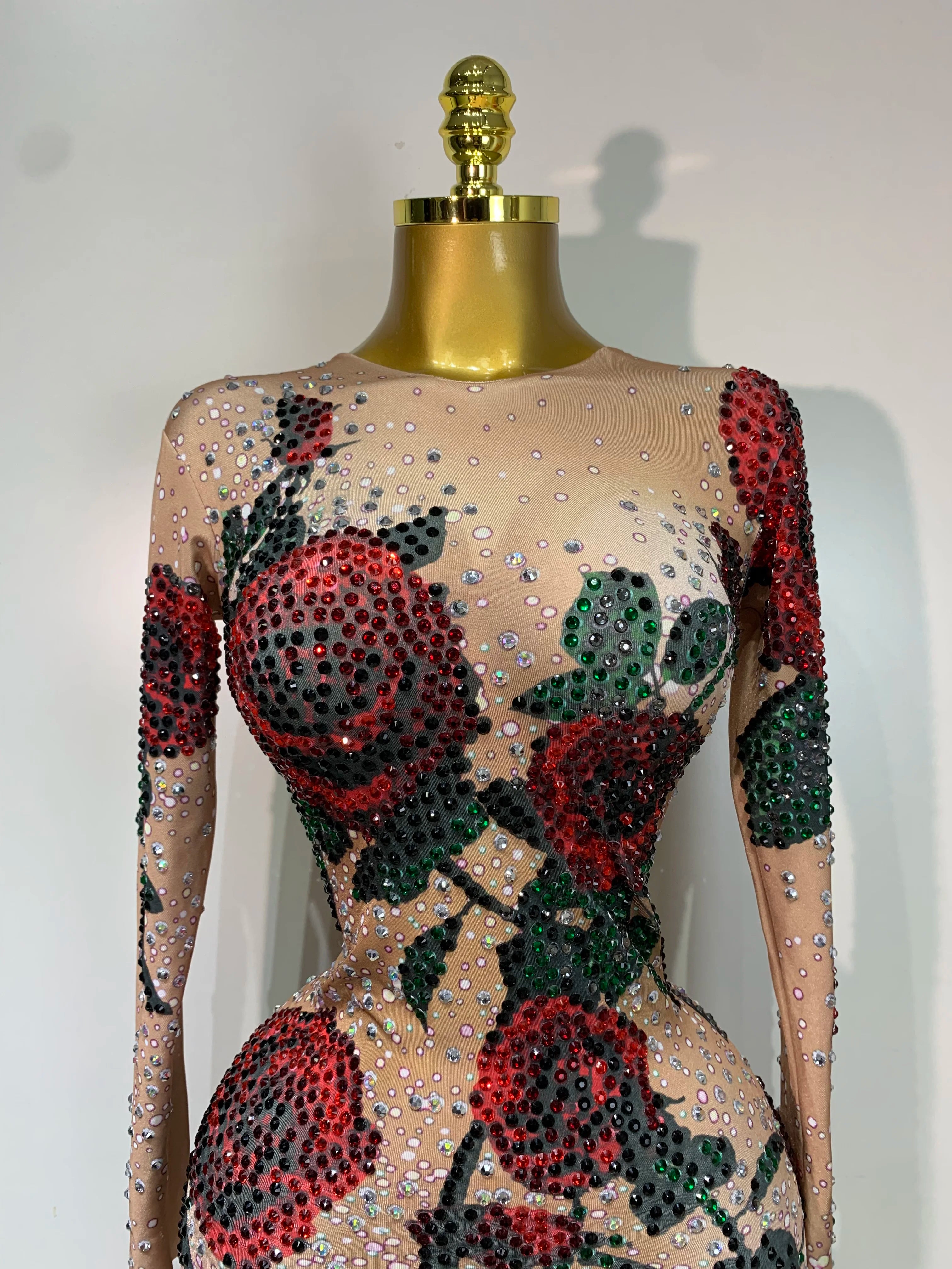 Sexy Shiny Rhinestone Rose Floral Maxi Long Dress Women Eveing Celebrate Birthday Party Nightclub Stage Performance Costume