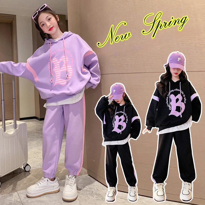 Autumn Teenage Girl Clothes Set Children's Girls Hoodies Pullover Top and Side Stripe Pant 2 Pieces Suit Kid Letter Tracksuit