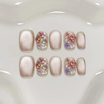 10pcs Crystal Cat Eye False Nails Colorful Mini Flower Fake Nails with Butterfly Design Elegant Press on Nails Short Square Nail