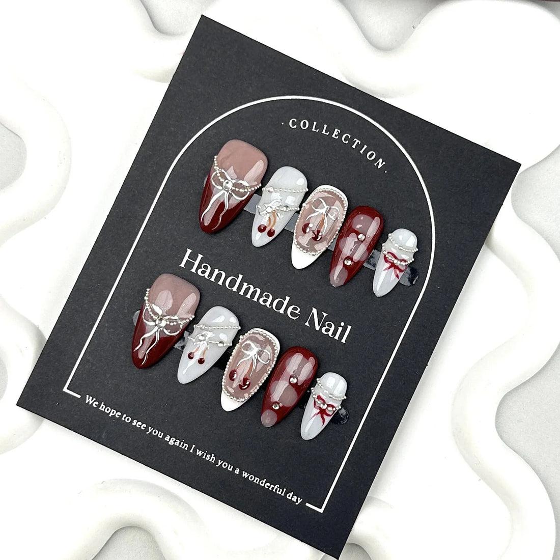 10pcs Handmade Press On Nails Baroque Bowknot Design False Nails Wearable Crystal Red French Almond Shaped Fake Nail Tips