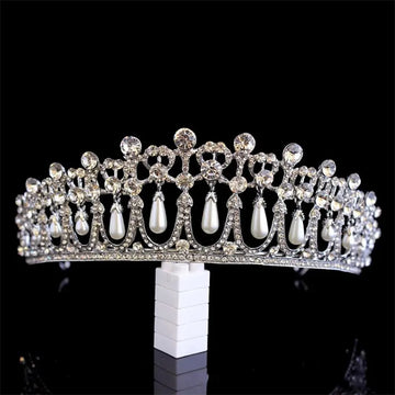 Vintage Silver Plated Queen Princess Diana Crown Crystal Pearl Diadem For Bridal Hair Accessories Bride Headbands Tiara De Noiva