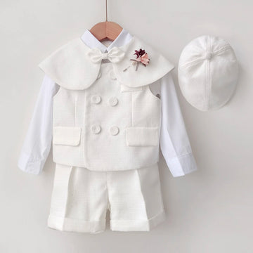 Kid Clothing Set 9 Month-4 Y Birthday Dress Boy Girl Costume White Fashion Suit Gentleman Shawl Vest Shorts With straps Hat 5PCS