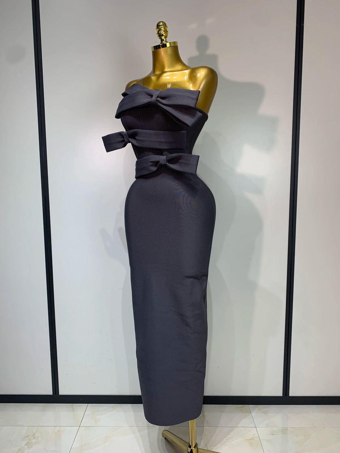 Women Sexy Strapless Gray Bow Bodycon Bandage Dresses Celebrity Elegant Knitted Evening Club Party Luxury Birthday Dress