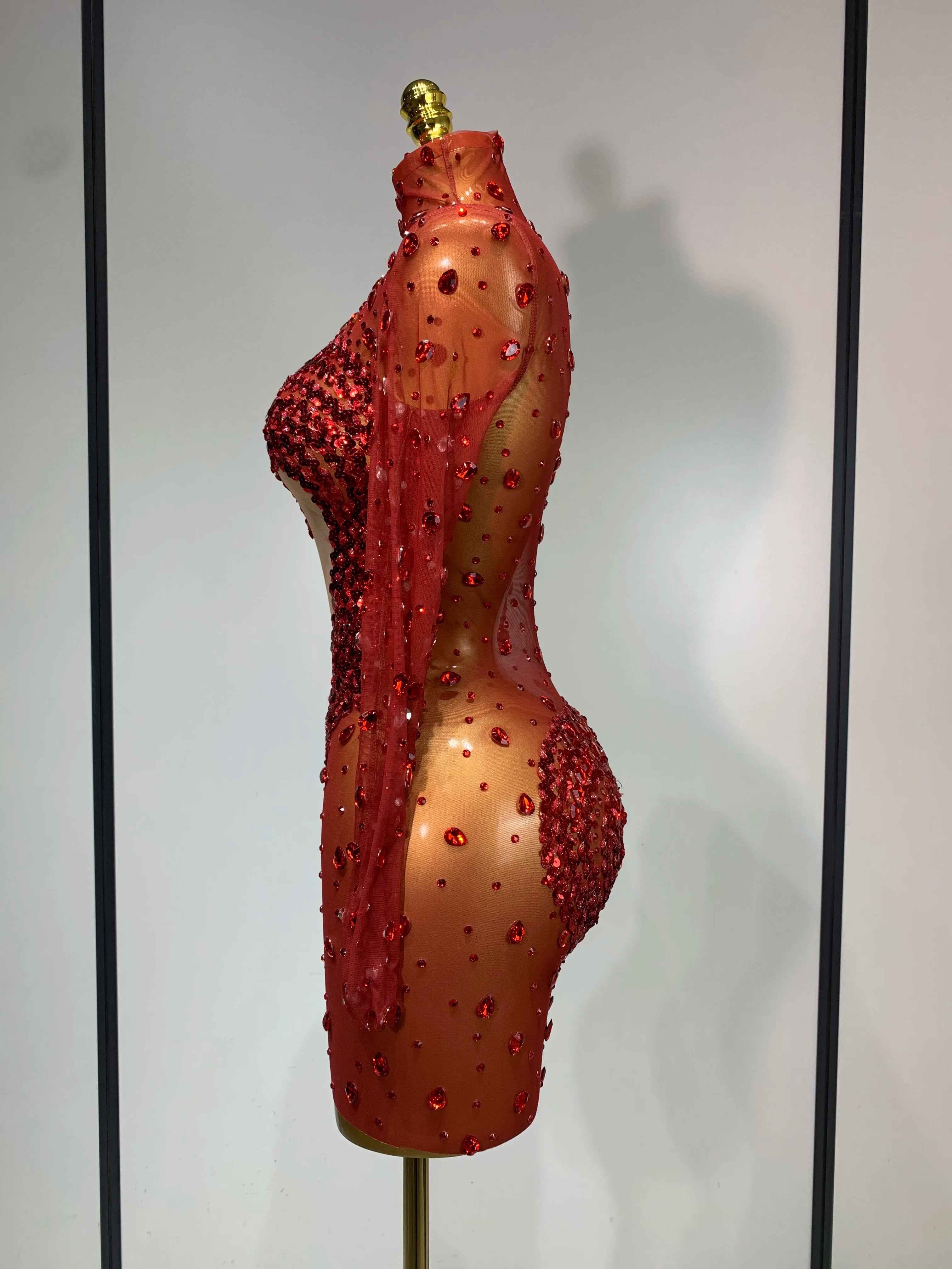 High Quality Rhinestone Sequin Sexy See Through Mesh Mini Dress Women Evening Party Nightclub Singer Stage PerformanceCostume