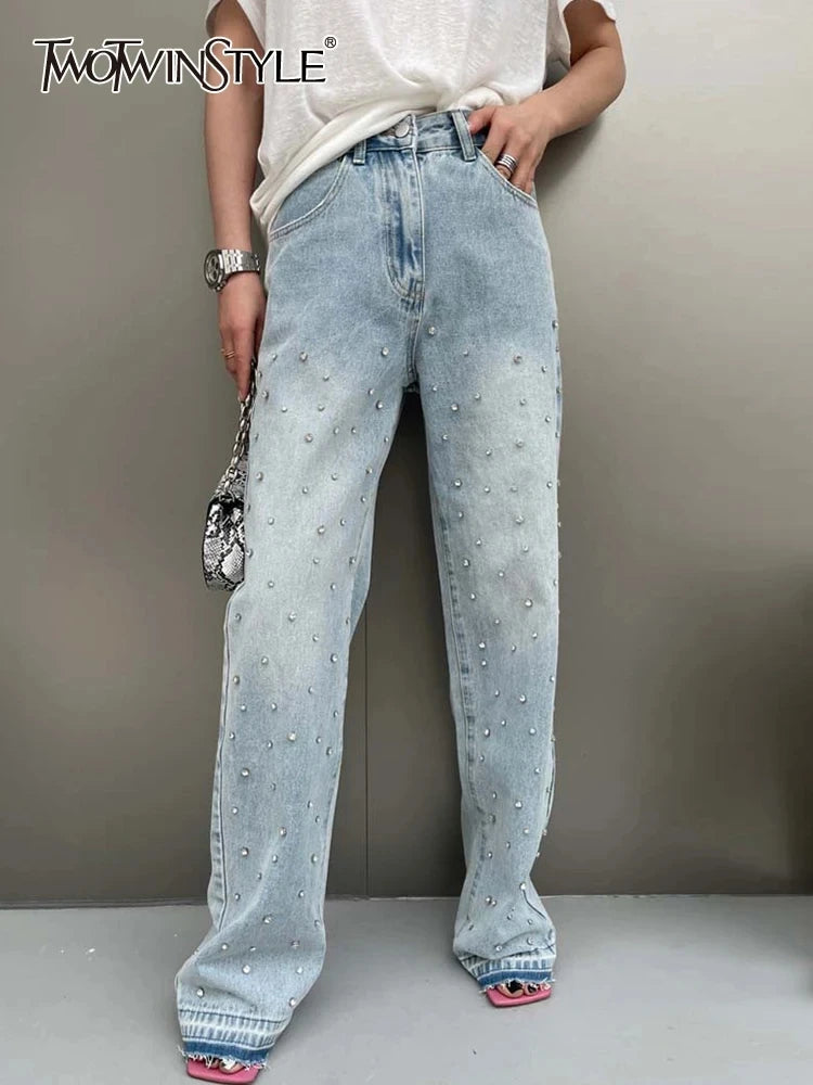 Jeans diamants épissés pour femmes hautes taies occasionnelles tempérament automobile automne jean féminin de mode de mode