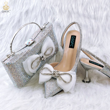 Rhinestone Bow Side Empty Party High Heels Pointed Toe Stiletto Heels Silver Women's Shoes And Bags