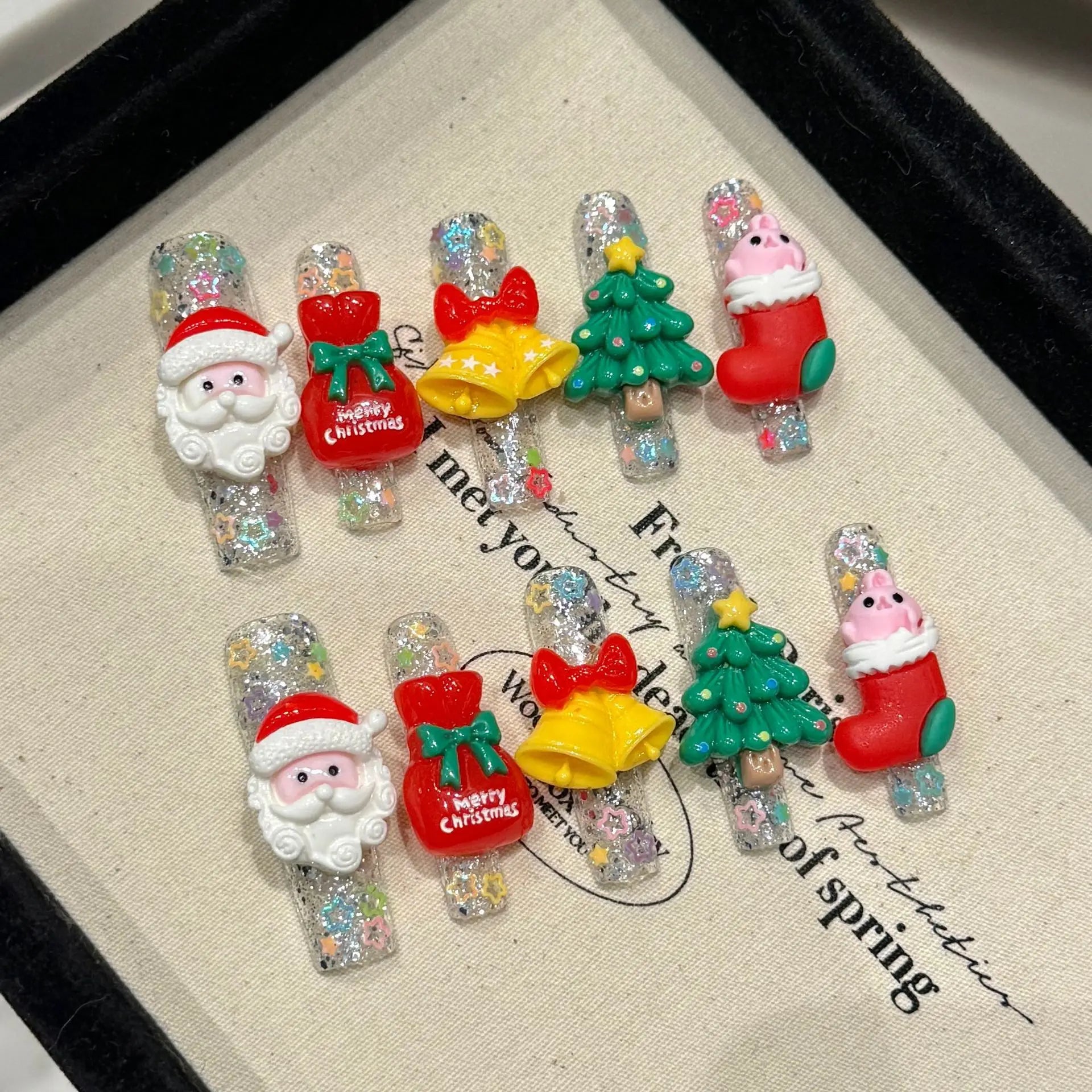 10Pcs 3D Christmas Handmade Press on False Nails Cartoon Santa Bow Stick on Fake Nails Winter Snow French Fake Acrylic Nail Tips