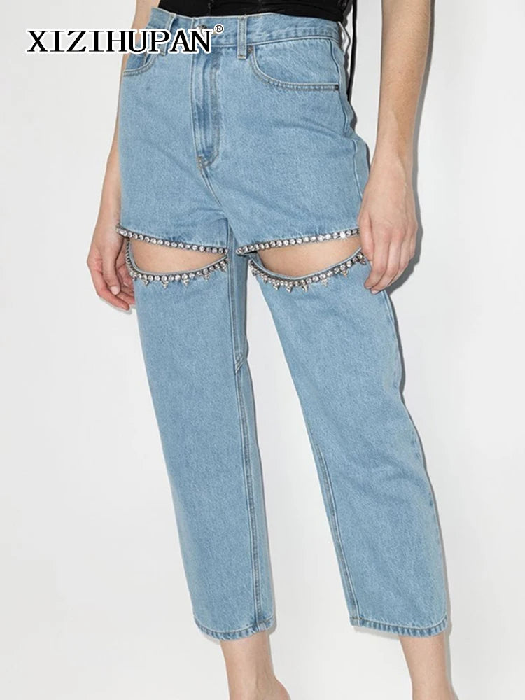 Patchwork diamant décontracté pantalon en jean pour femmes hautes taille hollow out minimaliste Jeans féminin style d'été