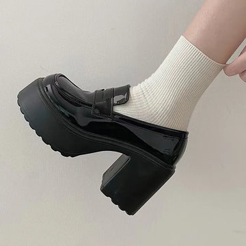 Super High Heels Loafers Women 2024 Spring Patent Leather Chunky Platform Pumps Woman Slip On Black Jk Uniform Shoes Mary Janes