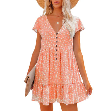 In Europe and the spring and summer independent stand v-neck button small broken flower loose women's leisure dress with short s