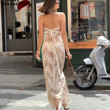 WhereMery New Bandage Backless Print Maxi Dress Elegant Spaghetti Straps Sleeveless Dresses Fashion  Evening Party Club Robe