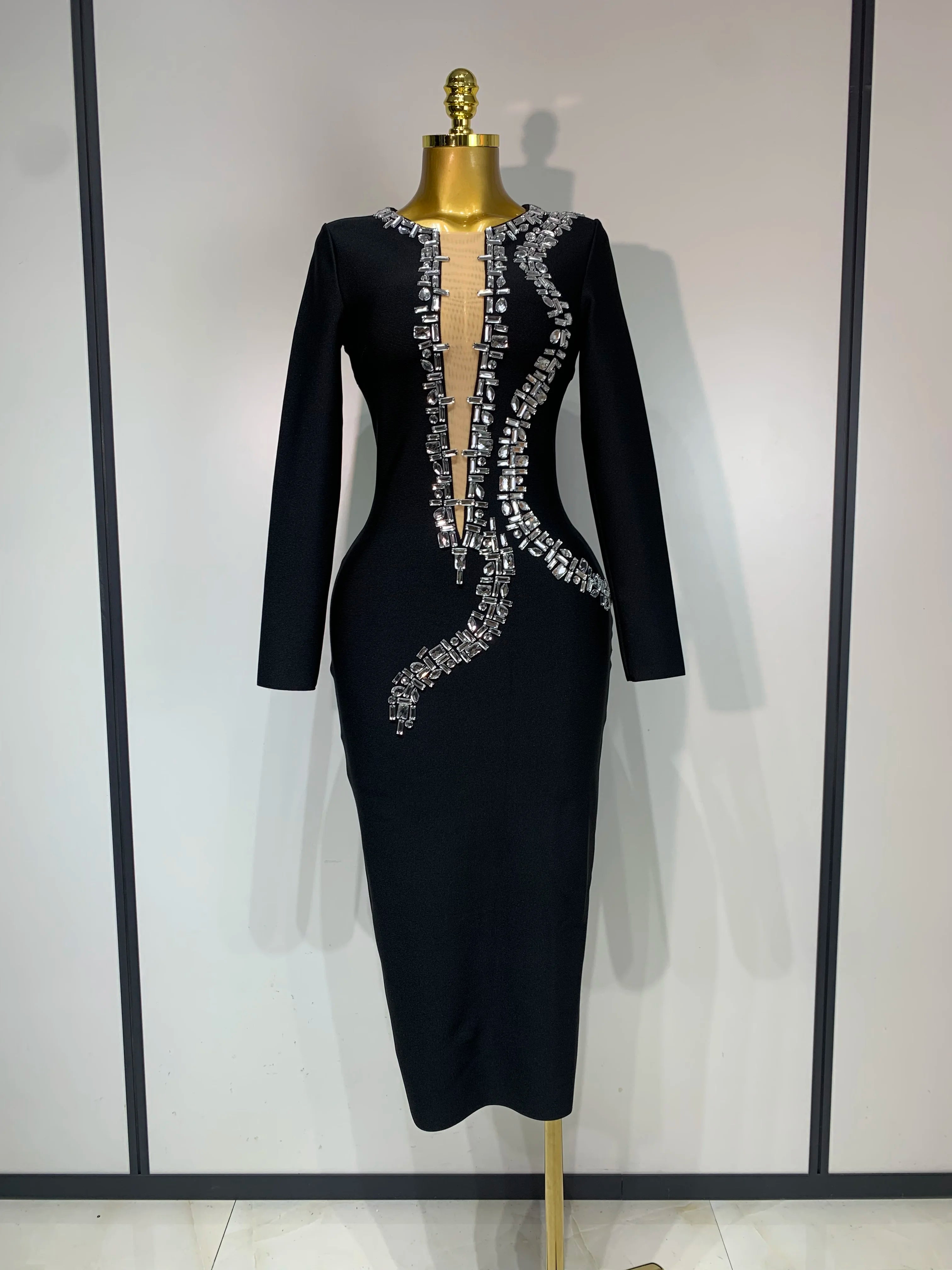 Sparkly Diamond Long Sleeve Bodycon Bandage Dresses Luxury Birthday Dresses Women Elegant Evening Party Wedding Guest Gowns