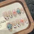 10Pcs Almond Press on Nail Leopard Print 3D Flower French Fake Nails Artificial Finished Wearing Beauty Acrylic Manicure Tip Art