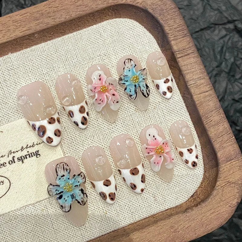 10Pcs Almond Press on Nail Leopard Print 3D Flower French Fake Nails Artificial Finished Wearing Beauty Acrylic Manicure Tip Art