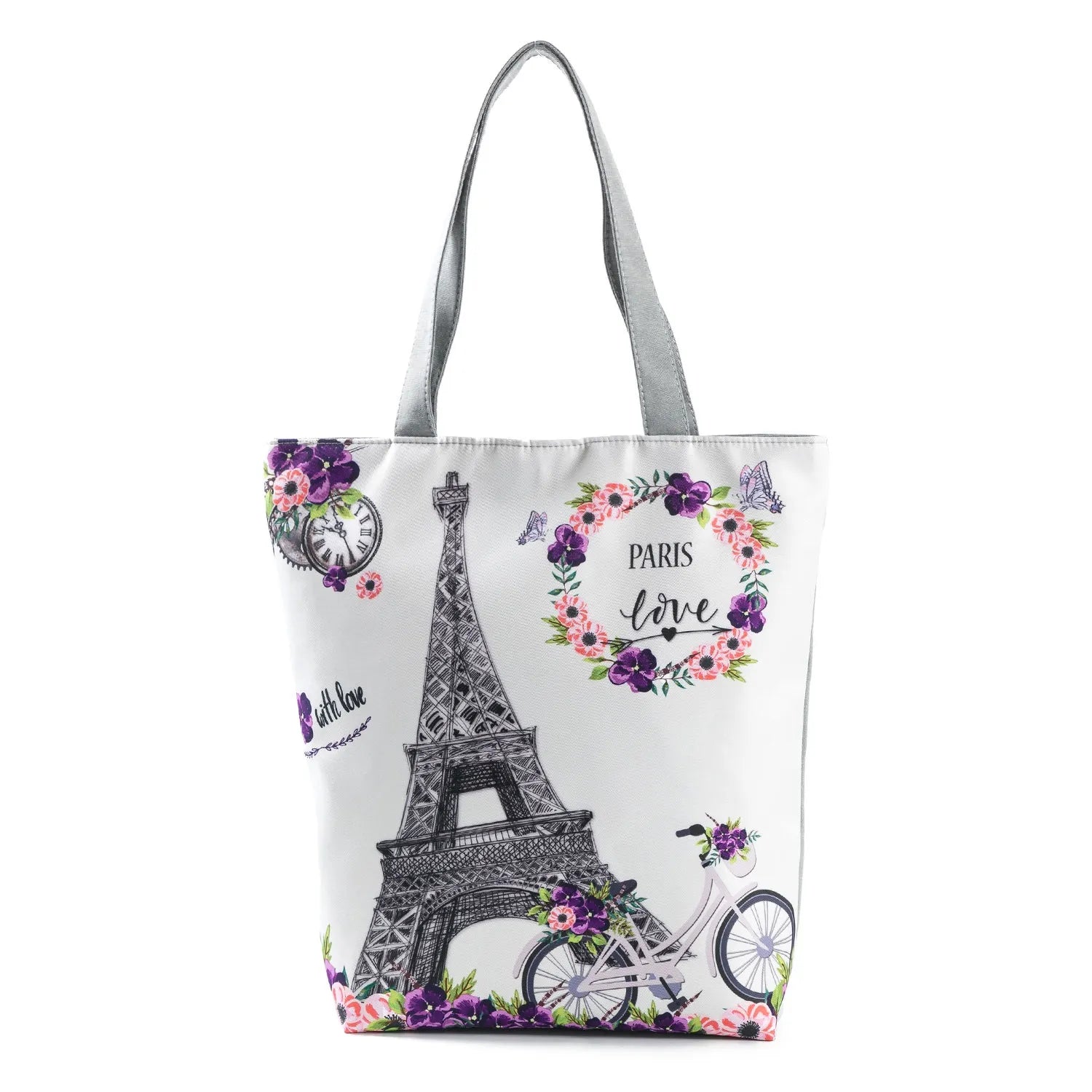 Floral Eiffel Tower Print Tote Bag Paris Landscape Shoulder Bag Fashion Pretty Handbags High Capacity Shopping Bag Eco Beach Bag