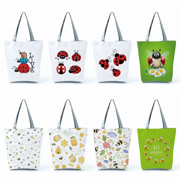 Customized Cute Insect Print Casual Women's Tote Bee Ladybug Pattern Handbag Simple Portable High Capacity Shoulder Shopping Bag