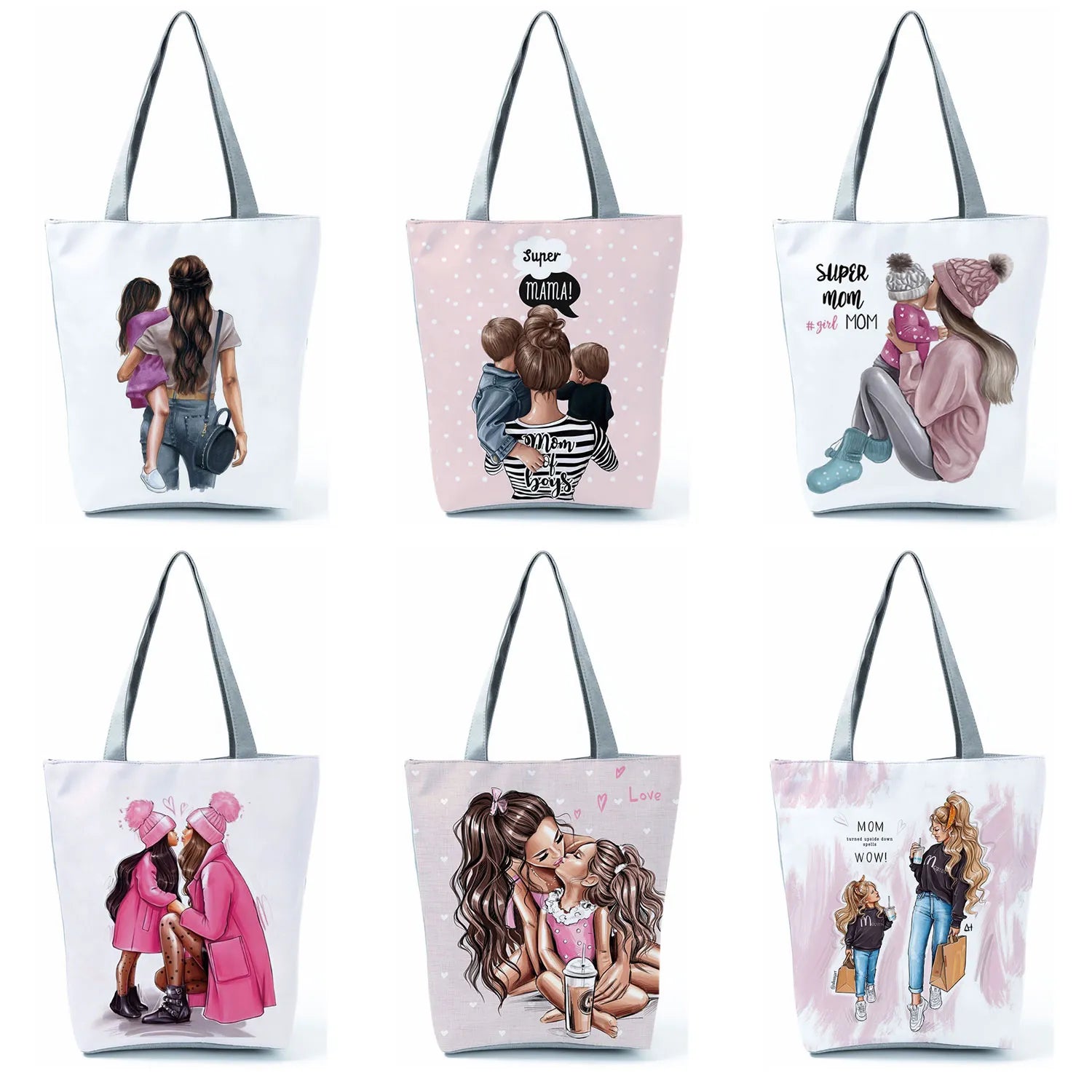 Cute Cartoon Super Mama Print Tote Bag Travel Shoulder Bags Mom and Baby Folding Women Casual Handbags Eco Reusable Shopping Bag