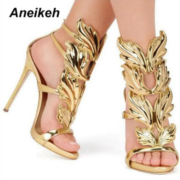 Aneikeh 2024 Patent Leather Sandalias De Las Mujeres TOTEM Women Shoe Party Fashion Buckle Strap Round Toe Thin Heels Size 35-42