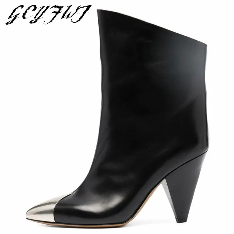 Women Ankle Boots Autumn Winter New High Heel Cowhide Pointed Toe Fashion Ladies Shoes Spike Heels Iron-toed Sexy Botines Mujer