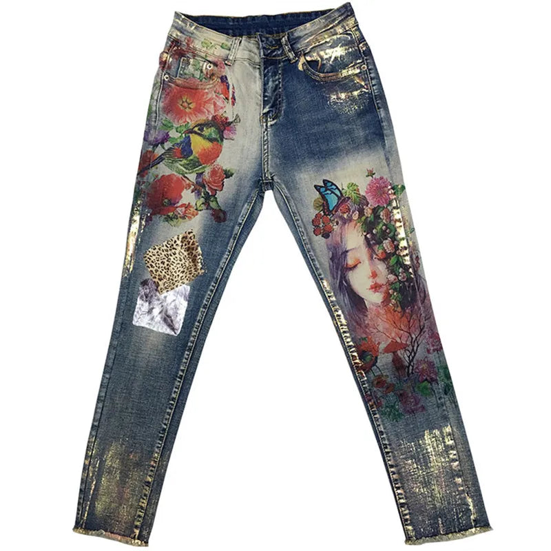 3D Stretchy Jeans With 3D Flowers Pattern Painted  Pencil Pants Woman Elegant Style Denim Pants Trousers For Women Jeans