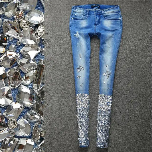 Women Silver Jeans with Rhinestones Sequins Jeans with Crystal Diamond Skinny  Pencil jeans