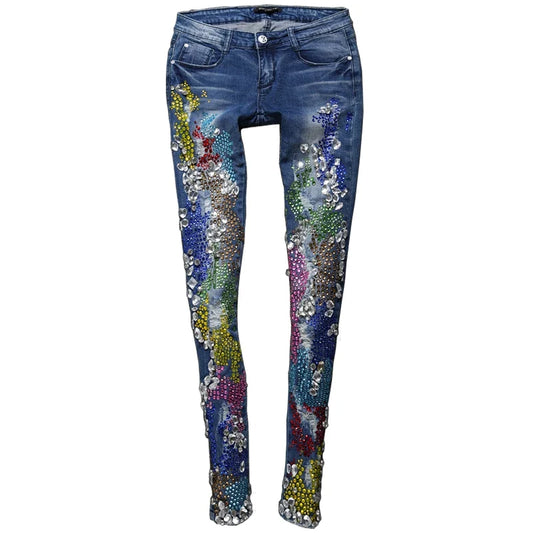 Spring Fashion Women Luxury Colored Rhinestones Diamond Denim Jeans Women Stretch Plus Size Pencil skinny jeans