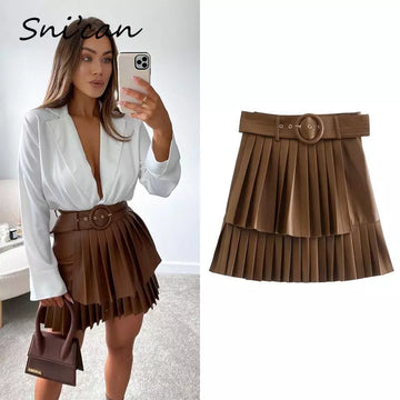 Bown Pu Leather Skirt With Belt Fashion Autumn Sprint Cascading Pleated High Waist Jupe Cuir Femme Women Falda Plisada   New