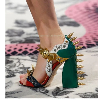 Leather Rivets Design Chunky High Heel Sandals Women Open Toe Dress Buckle Sandals Lady Patchwork Shoes Spring Fashion 2024