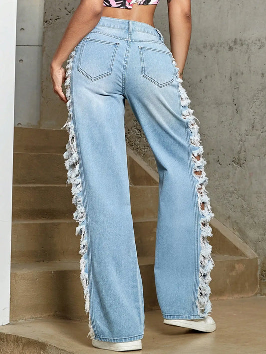 Y2K Women Fashion Side Ripped Detail Jeans Street Solid Low Waist Washed Blue Straight Leg Ladies Denim Trousers