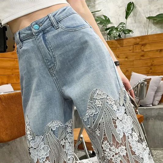Pants for Woman and Capris Straight Leg with Rhinestones Transparent Women's Jeans Lace Grunge Y2k Spring Pant Vintage Trousers