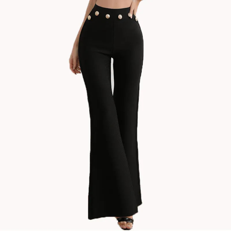 Autumn Women's Pants Gold Button Stretch Bandage Skinny Black Flared Trousers