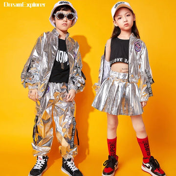 Hip Hop Boys Silver Jacket Girls Jazz Jogger Pants Street Dance Mini Skirt Clothes Sets Kids Sequin Costumes Child Streetwear