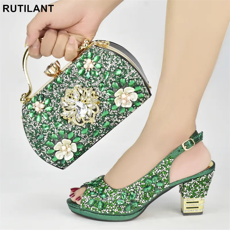 Nigerian Party Shoes with Bag Set Decorated with Rhinestone Shoes for Women Designer Luxury Wedding Shoes Bride