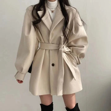 Women Woolen Lace-up Trench Coat With Pockets Turn-down Collar Buttons Long Sleeve TRAF Coat Overcoat Women Fall Winter