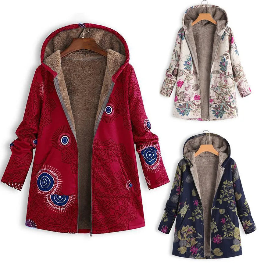 Printed Hooded Long Sleeve Coat Oversized Vintage Women Autumn Winter Warm Plush Jacket Casual Ladies Clothes