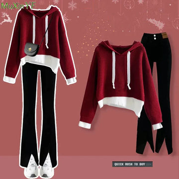 Autumn Winter Lucky Red Sweater Flare Pants 1 or Two Piece Set Korean  New Lady Loose Knit Pullovers Black Trousers Outfits